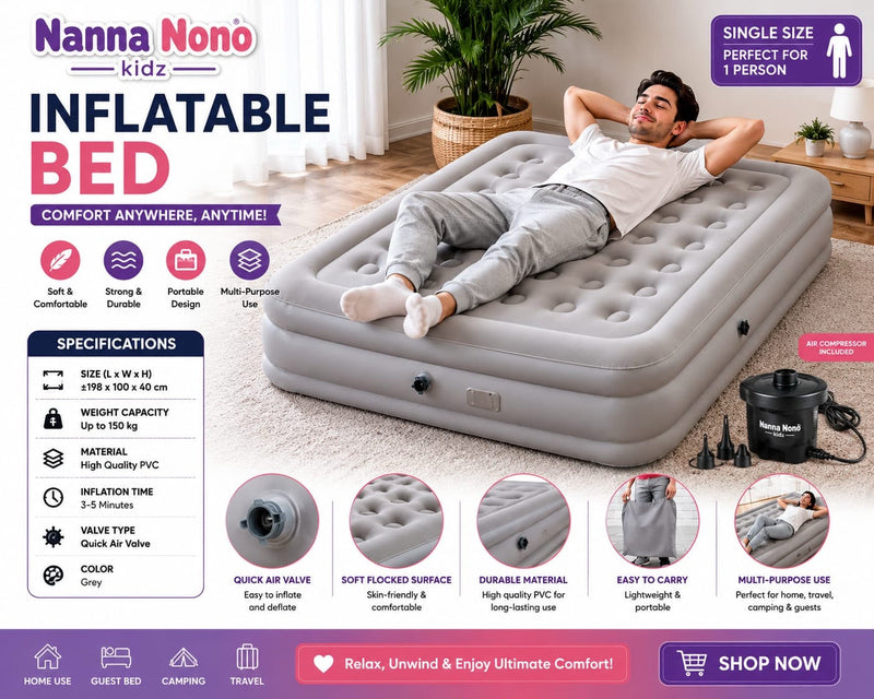 Inflatable Air Bed – Single Size Portable Camping & Guest Mattress