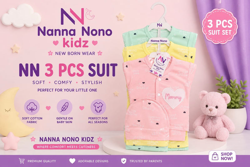 3 Pcs Baby Suit – Little Hearts Design